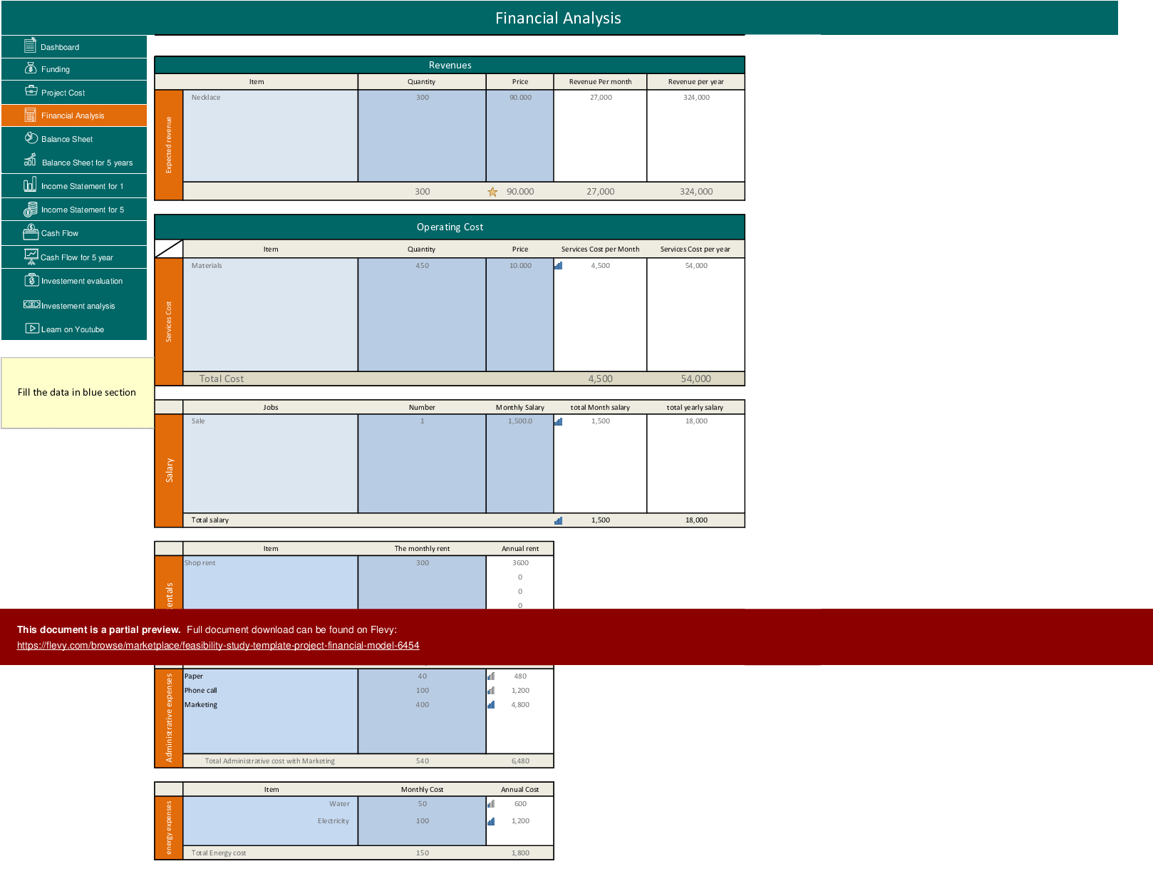 This is a partial preview of Feasibility Study Template (Project Financial Model) (Excel workbook (XLSX)). 