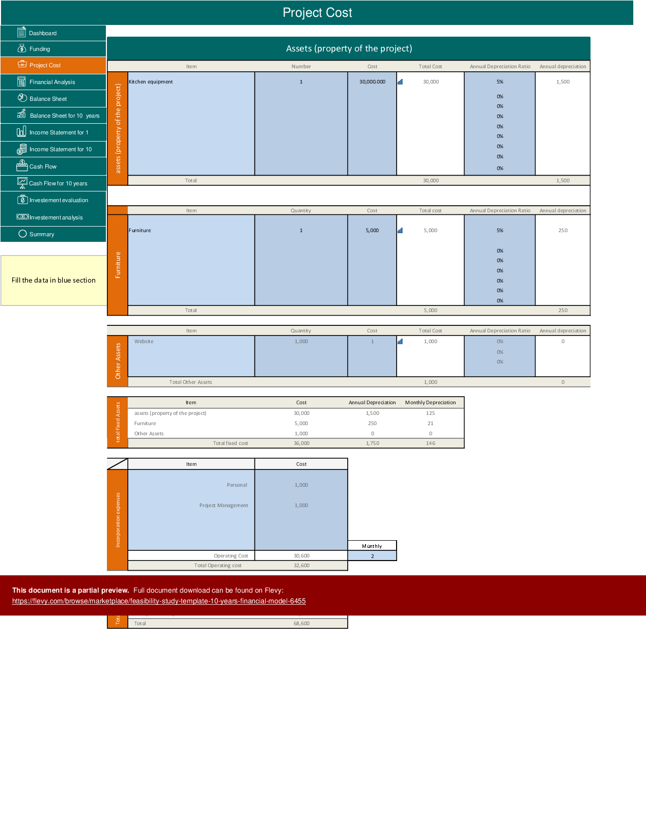 This is a partial preview of Feasibility Study Template (10 Years Financial Model) (Excel workbook (XLSX)). 