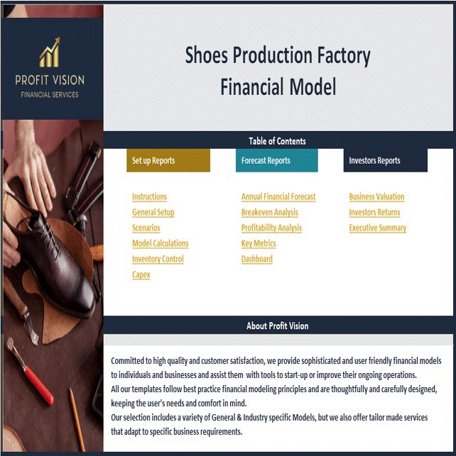 Shoes Production Factory - Dynamic 10 Year Financial Model (Excel template (XLSX)) Preview Image