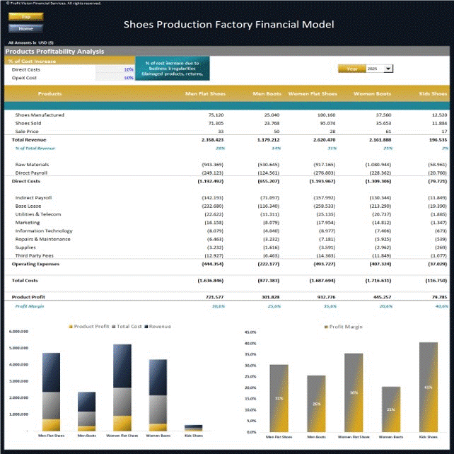 Shoes Production Factory - Dynamic 10 Year Financial Model (Excel template (XLSX)) Preview Image