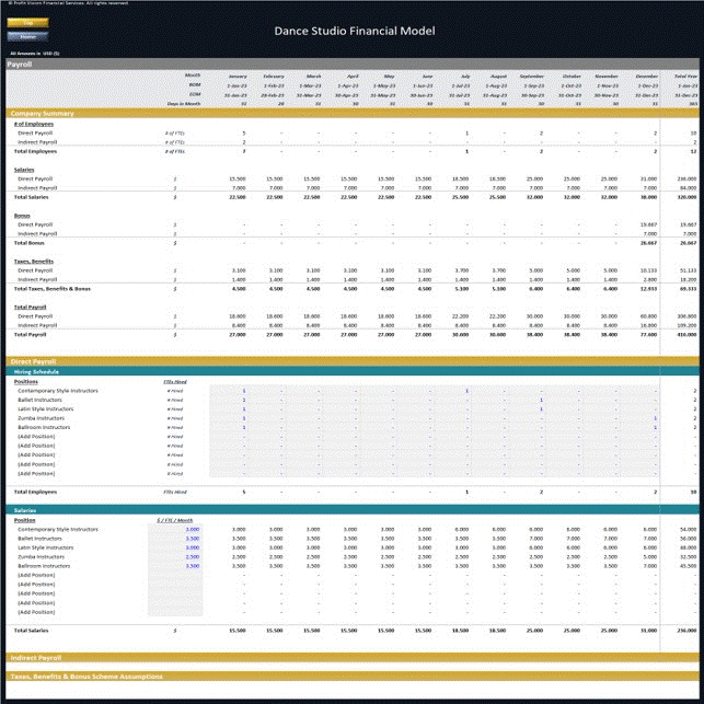 This is a partial preview of Dance Studio Financial Model – 5 Year Financial Forecast (Excel workbook (XLSX)). 