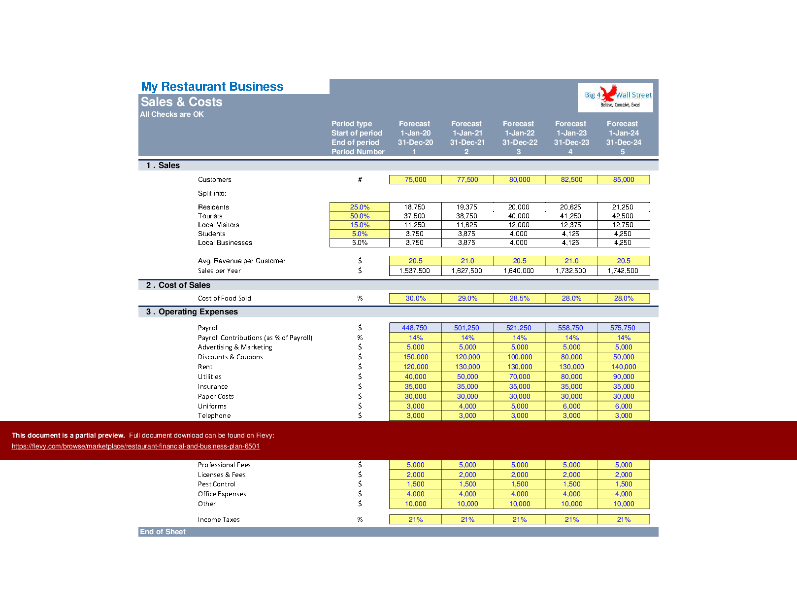 Restaurant Financial & Business Plan (Excel template (XLSX)) Preview Image