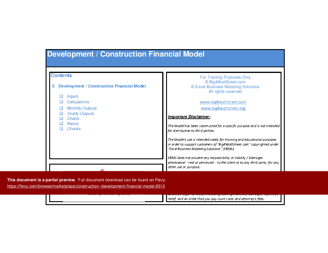 This is a partial preview of Construction / Development Financial Model (Excel workbook (XLSX)). 