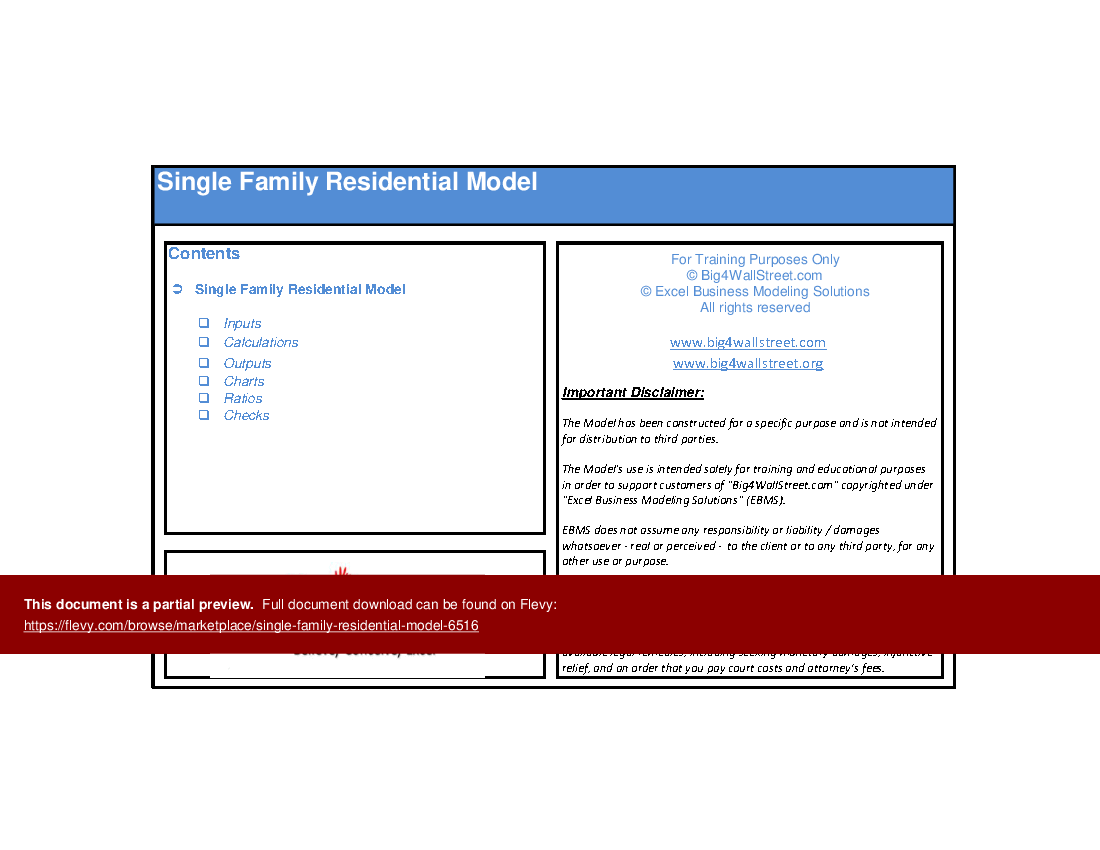 This is a partial preview of Single Family Residential Model (Excel workbook (XLSX)). 