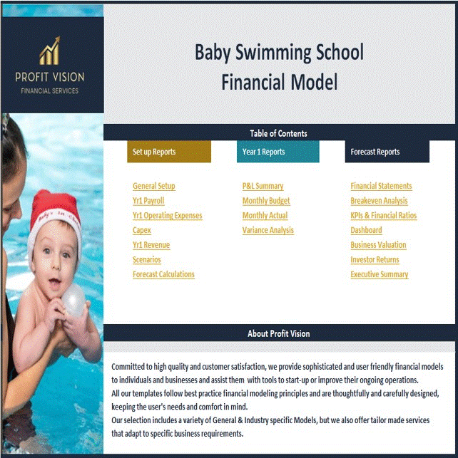 Baby Swimming School - Dynamic 10 Year Financial Model (Excel template (XLSX)) Preview Image