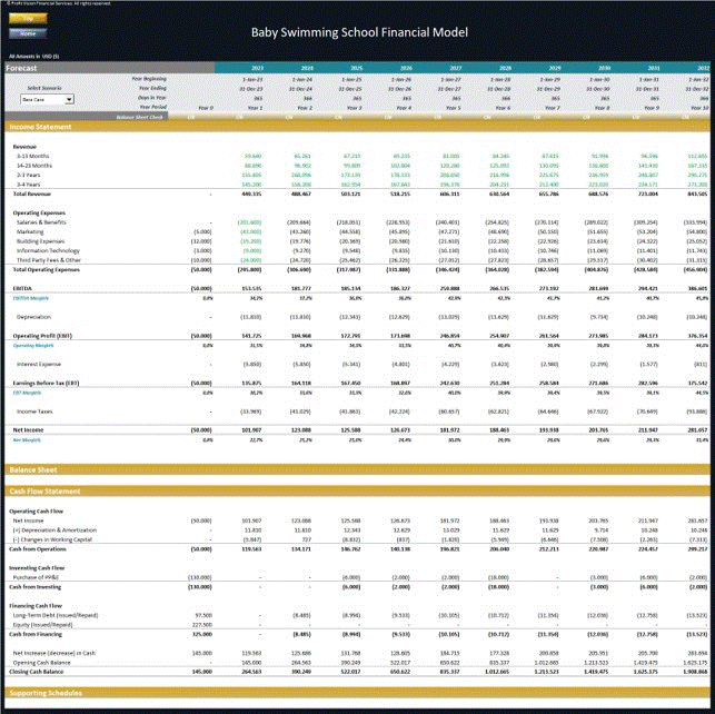 Baby Swimming School - Dynamic 10 Year Financial Model (Excel template (XLSX)) Preview Image