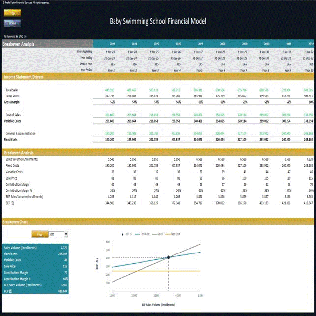 Baby Swimming School - Dynamic 10 Year Financial Model (Excel template (XLSX)) Preview Image