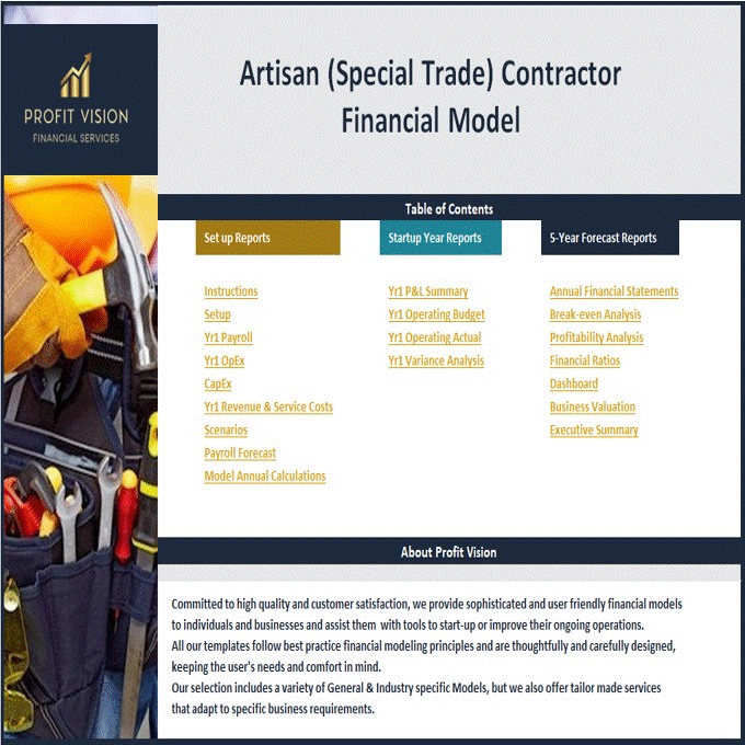 This is a partial preview of Artisan Contractor Business – 5 Year Financial Model (Excel workbook (XLSX)). 