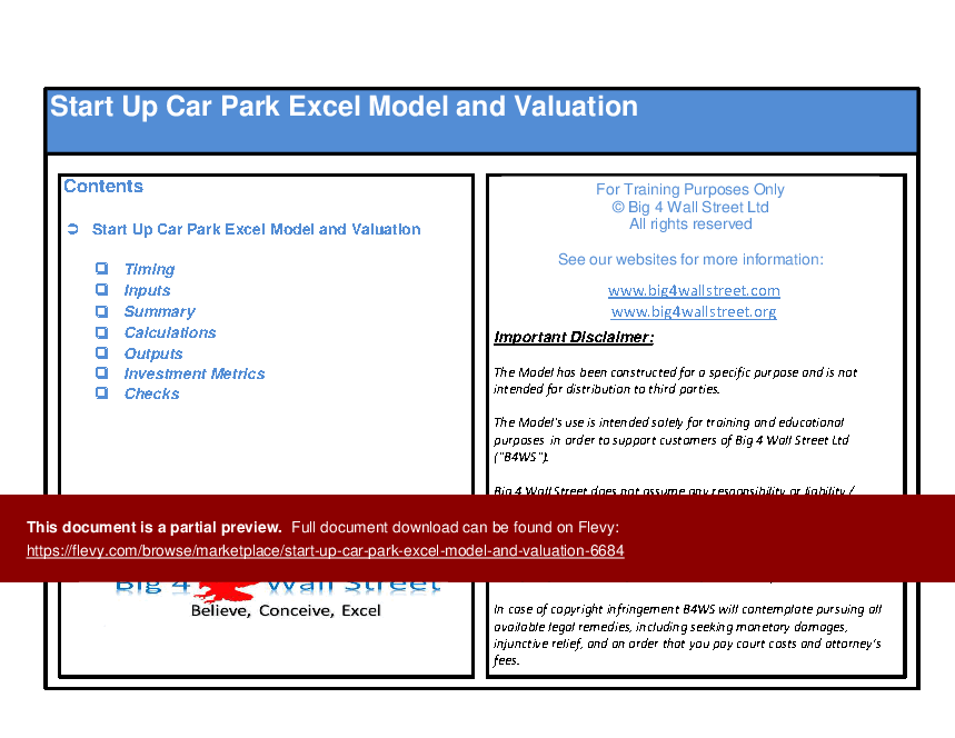 Start Up Car Park Excel Model and Valuation (Excel template (XLSX)) Preview Image