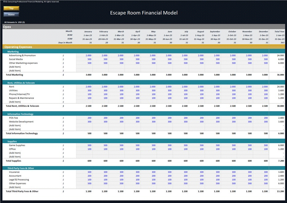 This is a partial preview of Escape Room Financial Model - 5 Year Forecast (Excel workbook (XLSX)). 
