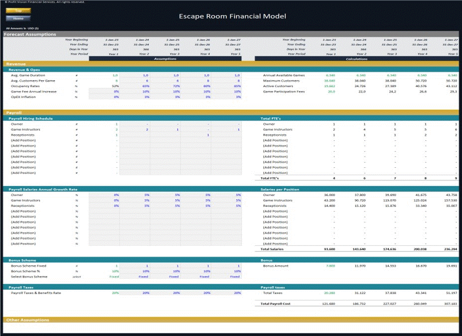 Escape Room Financial Model - 5 Year Forecast (Excel template (XLSX)) Preview Image