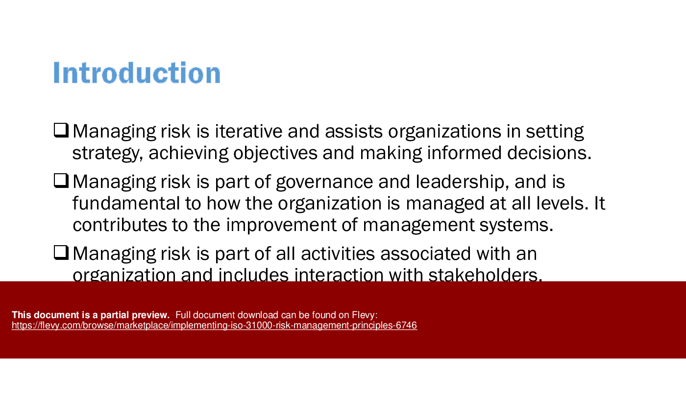 This is a partial preview of Implementing ISO 31000 Risk Management Principles (34-slide PowerPoint presentation (PPTX)). Full document is 34 slides. 