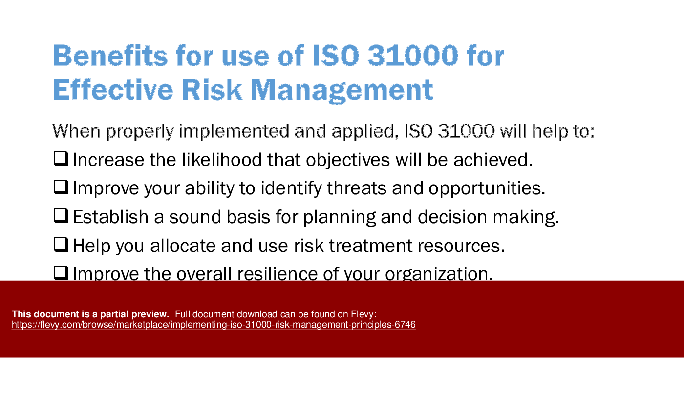 This is a partial preview of Implementing ISO 31000 Risk Management Principles (34-slide PowerPoint presentation (PPTX)). Full document is 34 slides. 