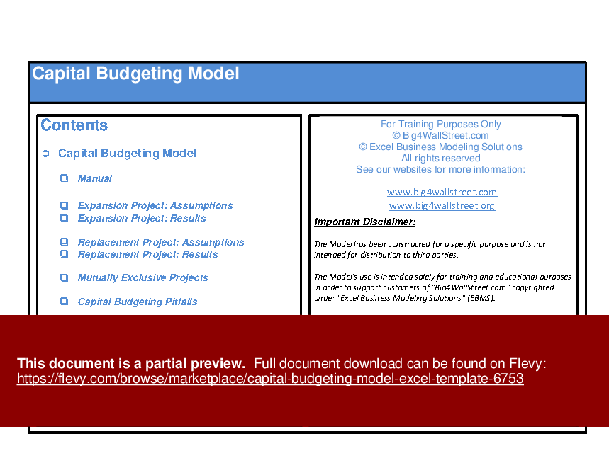 This is a partial preview of Capital Budgeting Model Excel Template (Excel workbook (XLSX)). 