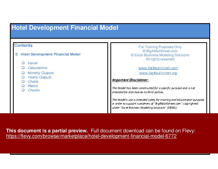Hotel Development Financial Model (Excel workbook (XLSX)) Preview Image