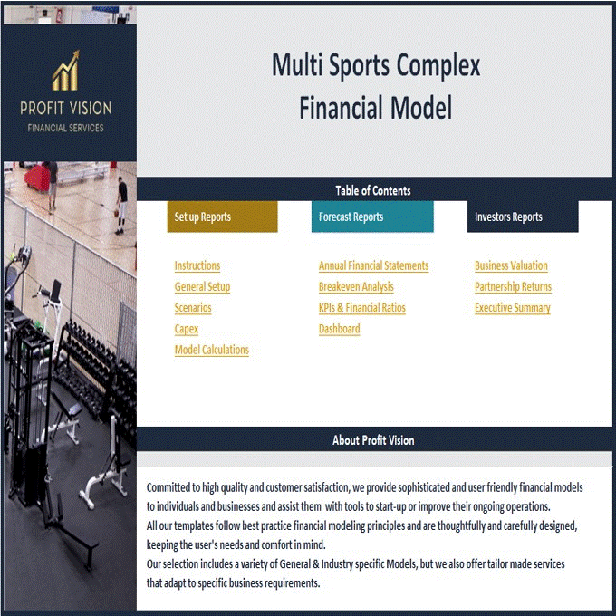 This is a partial preview of Multi Sports Complex Financial Model - 10 Year Forecast (Excel workbook (XLSX)). 