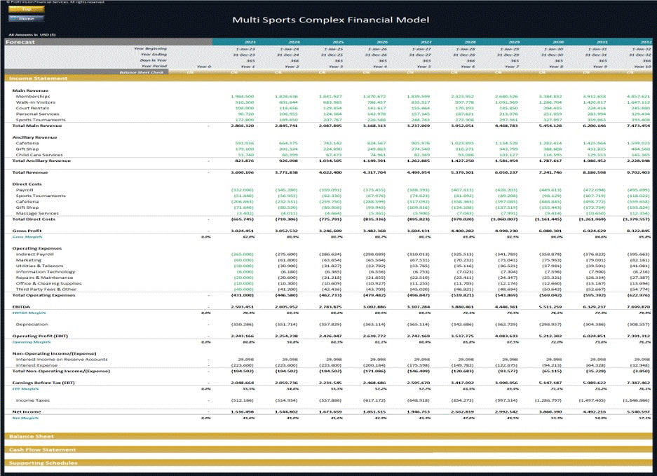 Multi Sports Complex Financial Model - 10 Year Forecast (Excel template (XLSX)) Preview Image