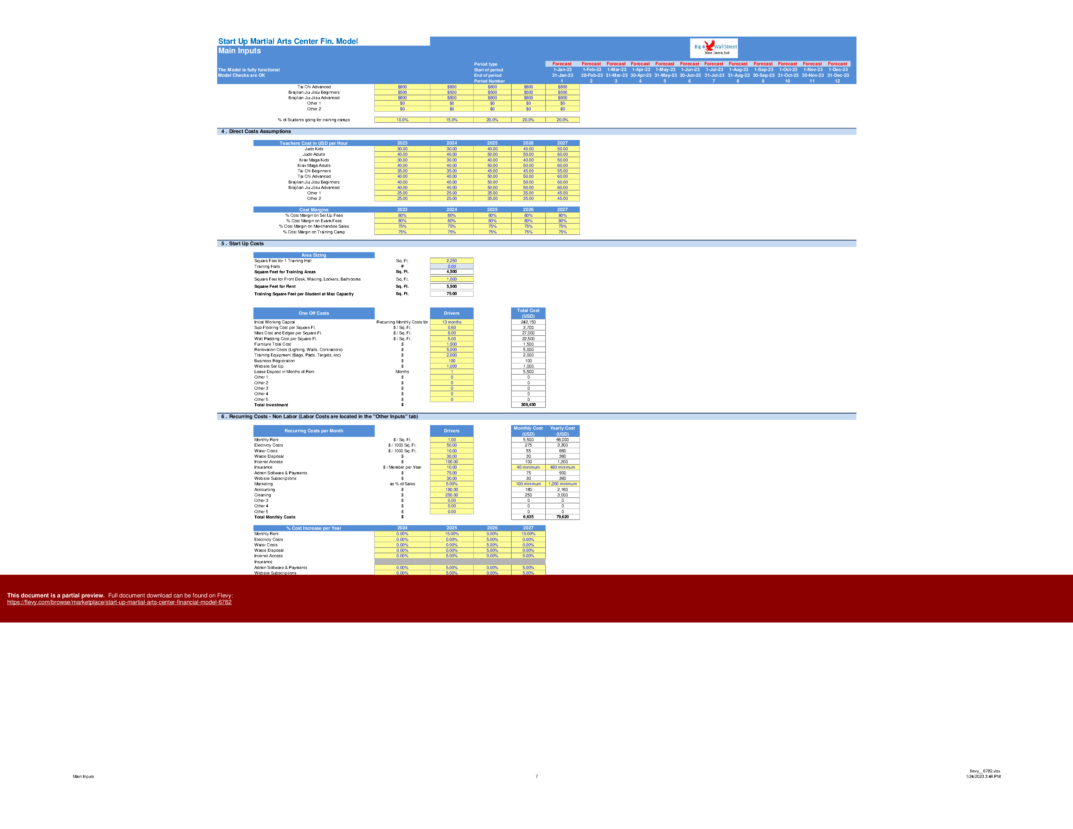 Start Up Martial Arts Center Financial Model (Excel template (XLSX)) Preview Image