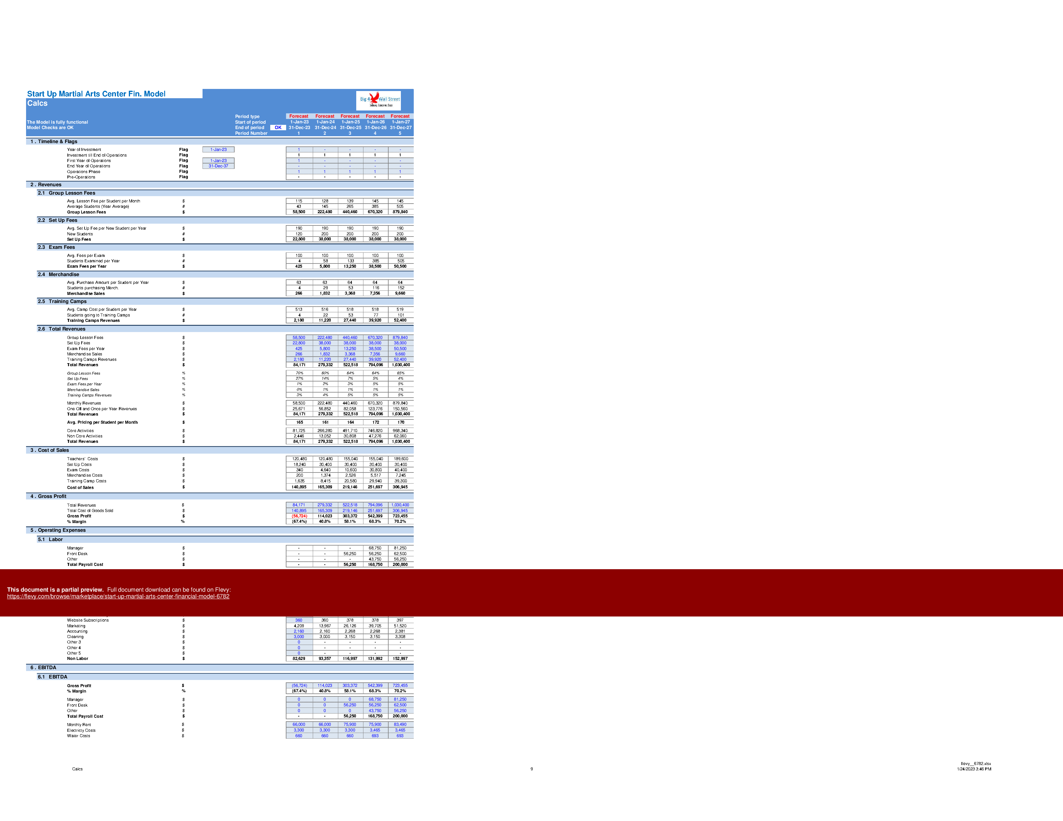 Start Up Martial Arts Center Financial Model (Excel template (XLSX)) Preview Image