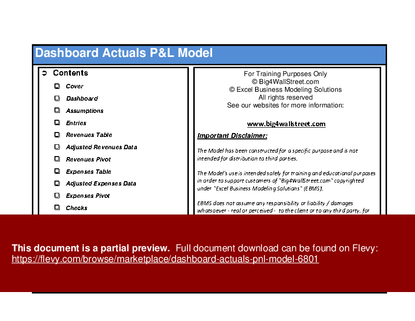 This is a partial preview of Dashboard Actuals P&L Model (Excel workbook (XLSM)). 