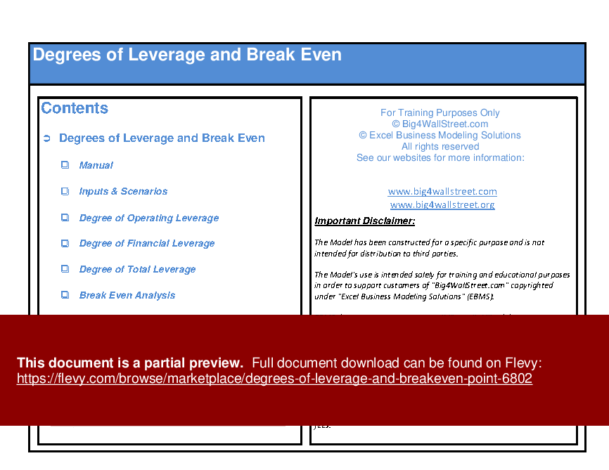 This is a partial preview of Degrees of Leverage and Breakeven Point (Excel workbook (XLSX)). 