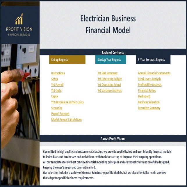 Electrician Business Financial Model – 5 Year Forecast (Excel template (XLSX)) Preview Image