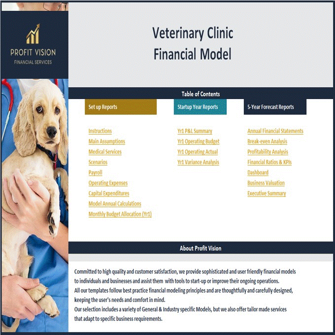 This is a partial preview of Veterinary Clinic Financial Model – 5 Year Forecast (Excel workbook (XLSX)). 