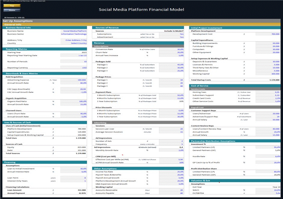 This is a partial preview of Social Media Platform – Dynamic 10 Year Financial Model (Excel workbook (XLSX)). 