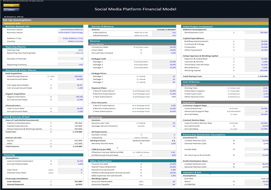 Social Media Platform – Dynamic 10 Year Financial Model (Excel template (XLSX)) Preview Image