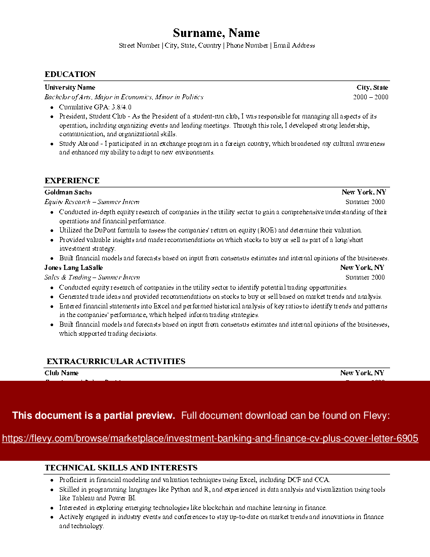Investment Banking and Finance CV plus Cover Letter (1-page Word document) Preview Image