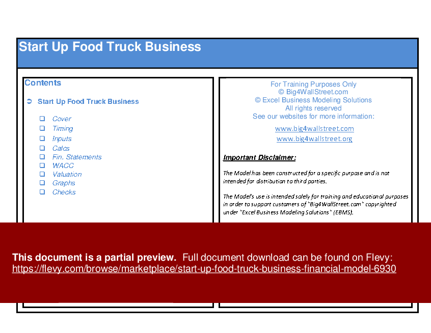 Start Up Food Truck Business Financial Model (Excel workbook (XLSX)) Preview Image