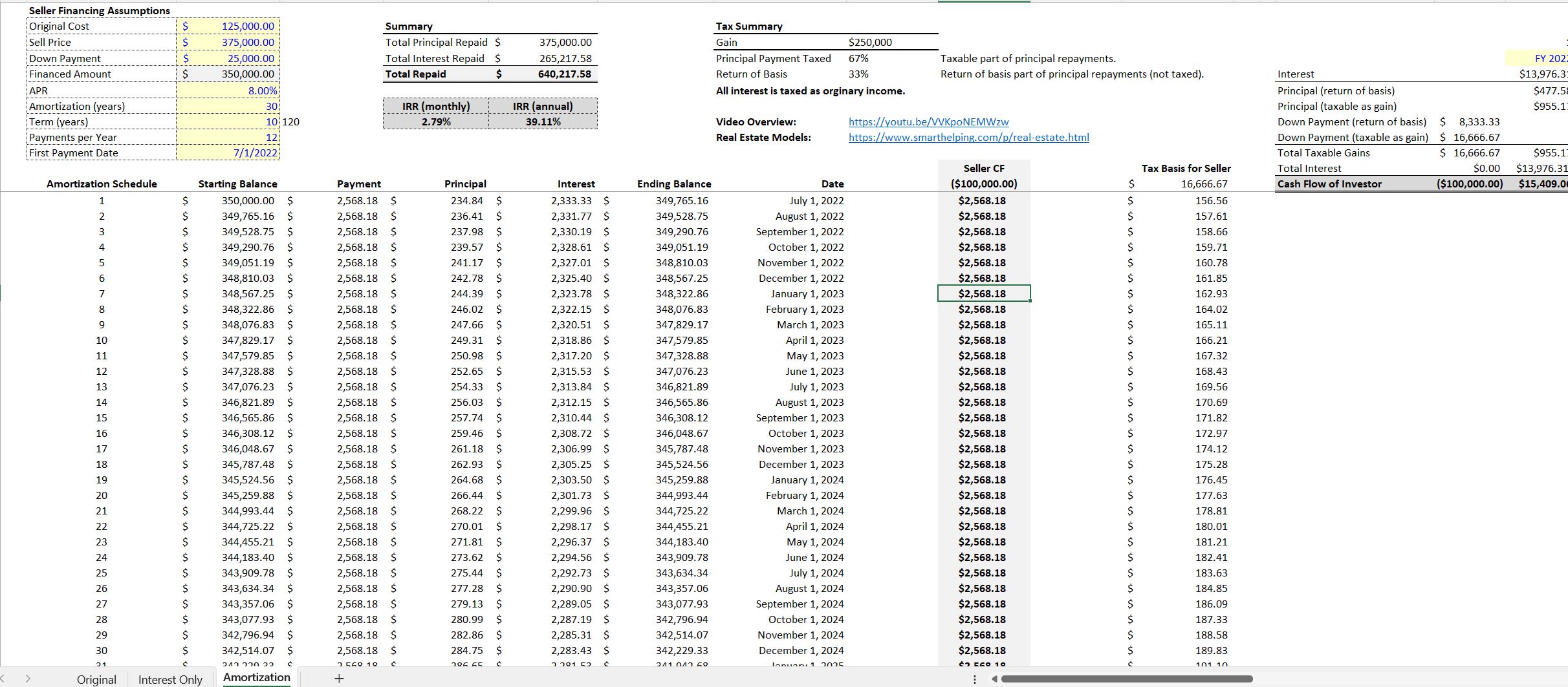 Seller Financing Amortization Schedule with Tax Logic (Excel template (XLSX)) Preview Image