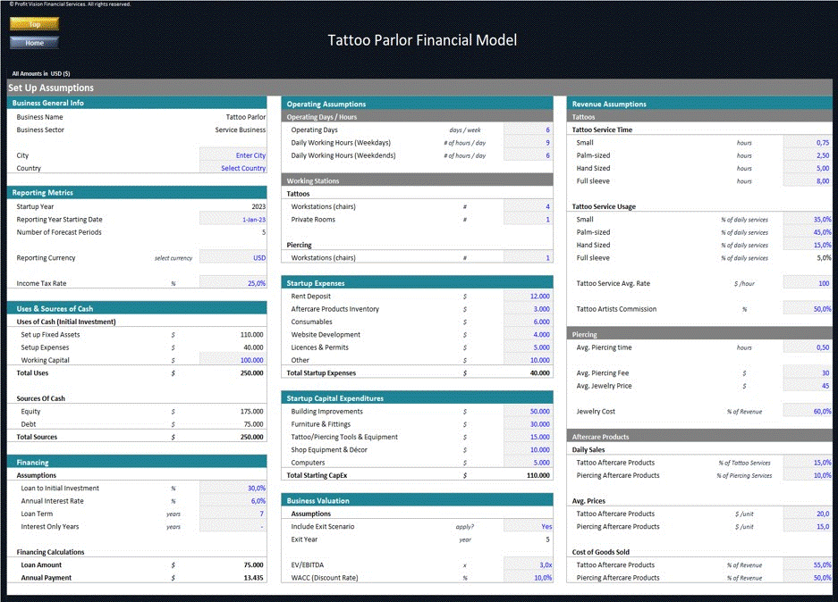 Tattoo Parlor Financial Model - 5 Year Financial Plan (Excel template (XLSX)) Preview Image