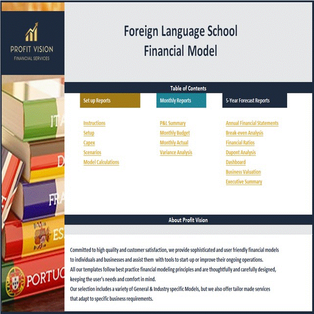 This is a partial preview of Foreign Languages School – 5 Year Financial Model (Excel workbook (XLSX)). 