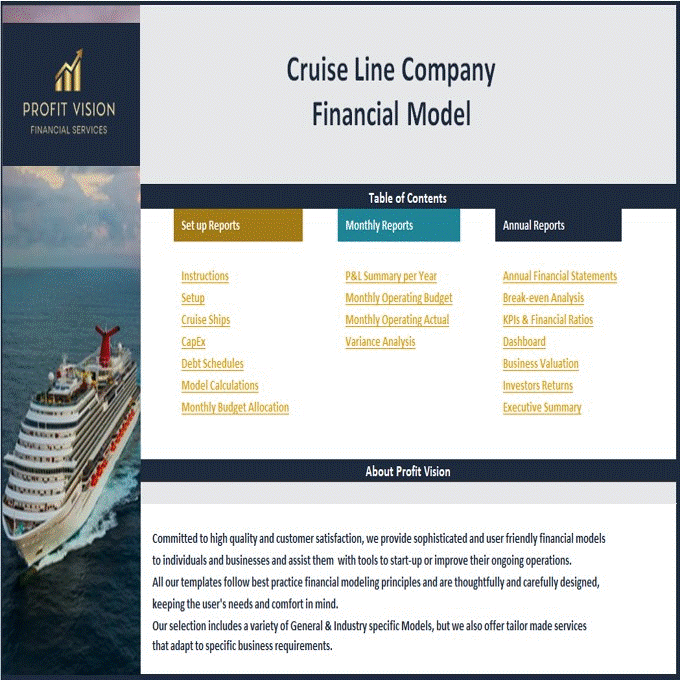 This is a partial preview of Cruise Line Company – Dynamic 10 Year Financial Model (Excel workbook (XLSX)). 