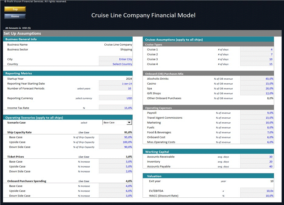 This is a partial preview of Cruise Line Company – Dynamic 10 Year Financial Model (Excel workbook (XLSX)). 