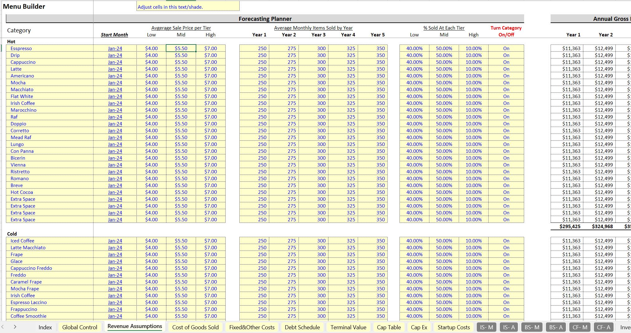 Bottom-up Coffee Shop Financial Model (Excel template (XLSX)) Preview Image