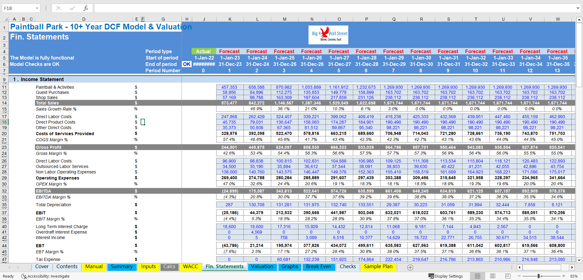 Paintball Park Business - 10+ Years DCF Model & Valuation (Excel template (XLSX)) Preview Image