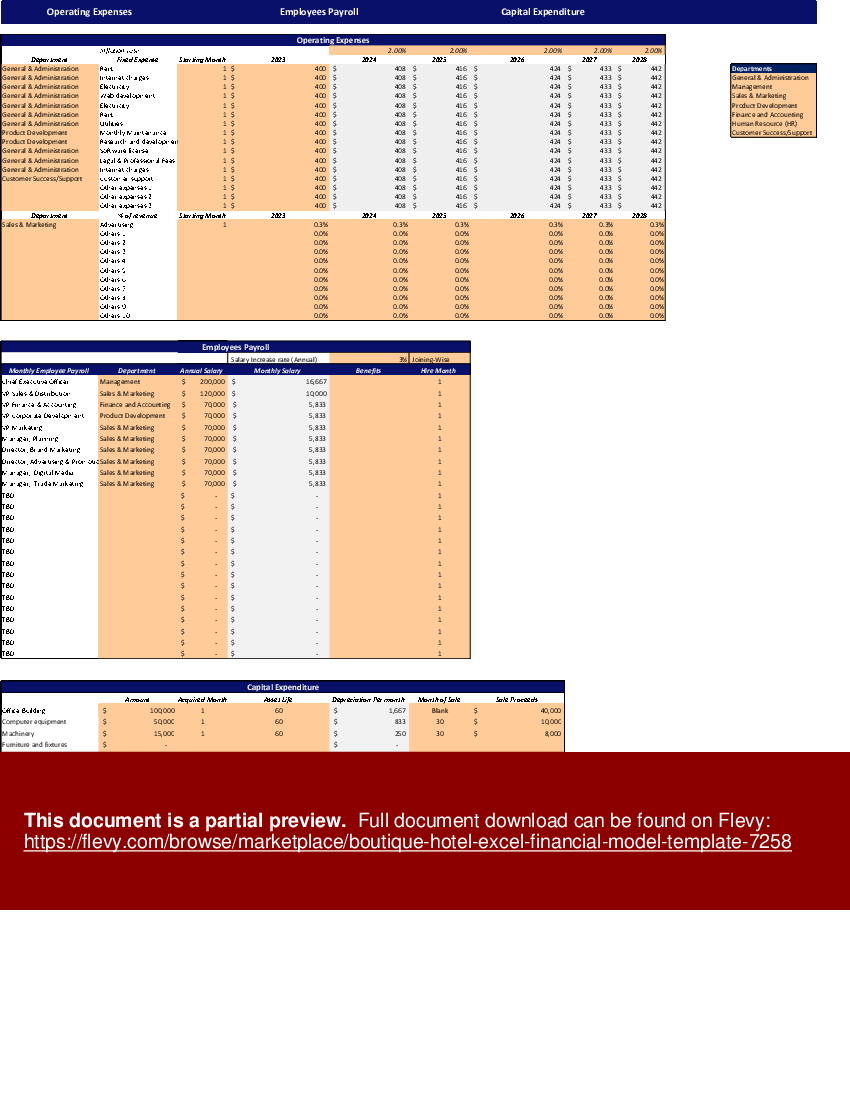 Boutique Hotel Excel Financial Model Template (Excel template (XLSX)) Preview Image