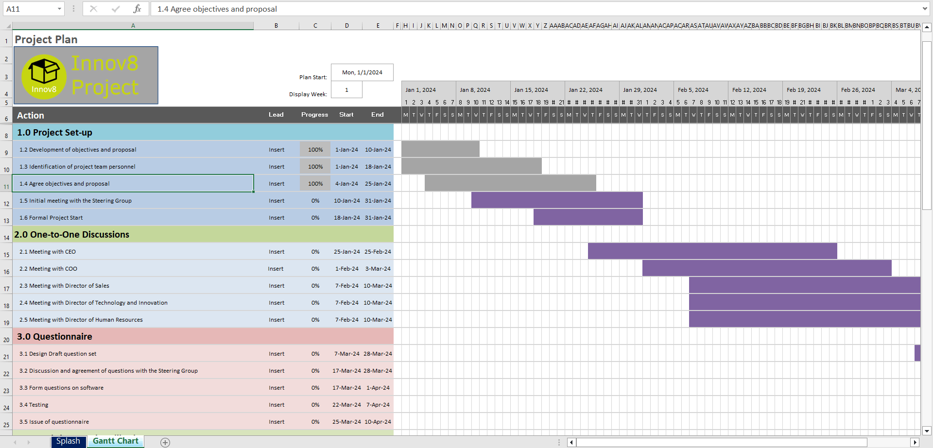 Project Plan Actual Example Gantt Chart and Template (Excel template (XLSX)) Preview Image