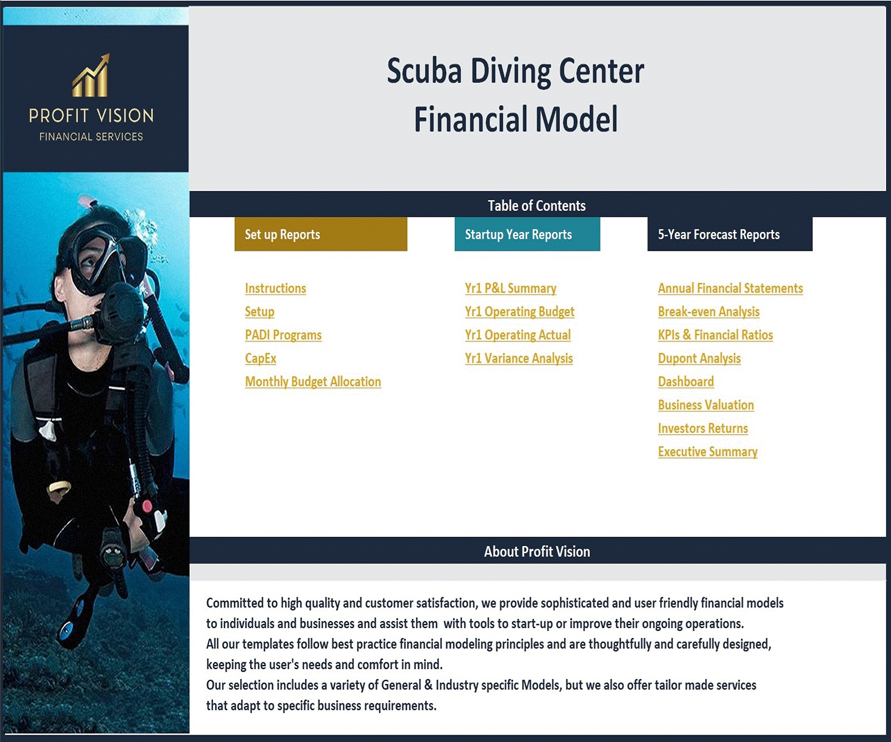 Scuba Diving Center – 5 Year Financial Model (Excel template (XLSX)) Preview Image