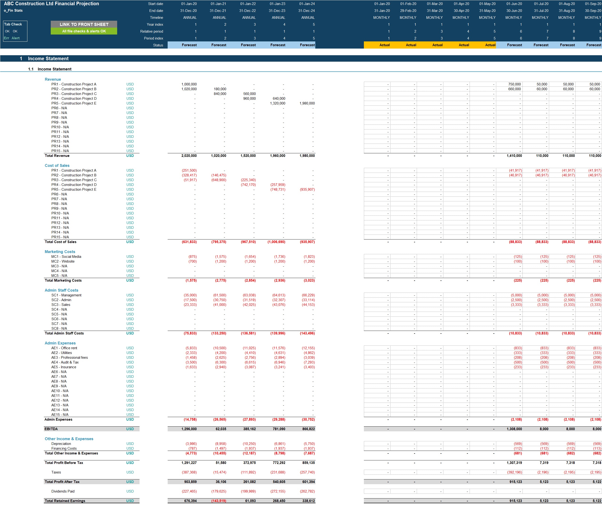 Construction/Engineering Project Business Financial Projection 3 Statement Model (Excel template (XLSX)) Preview Image
