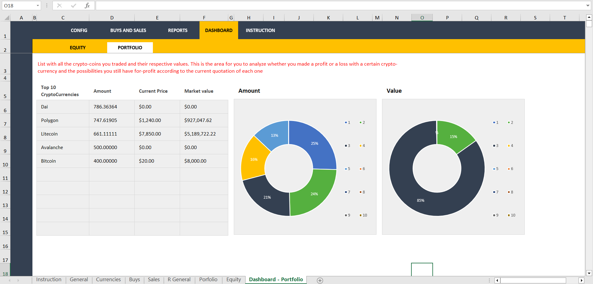 Crypto Currency Portfolio Excel Dashboard (Excel template (XLSM)) Preview Image