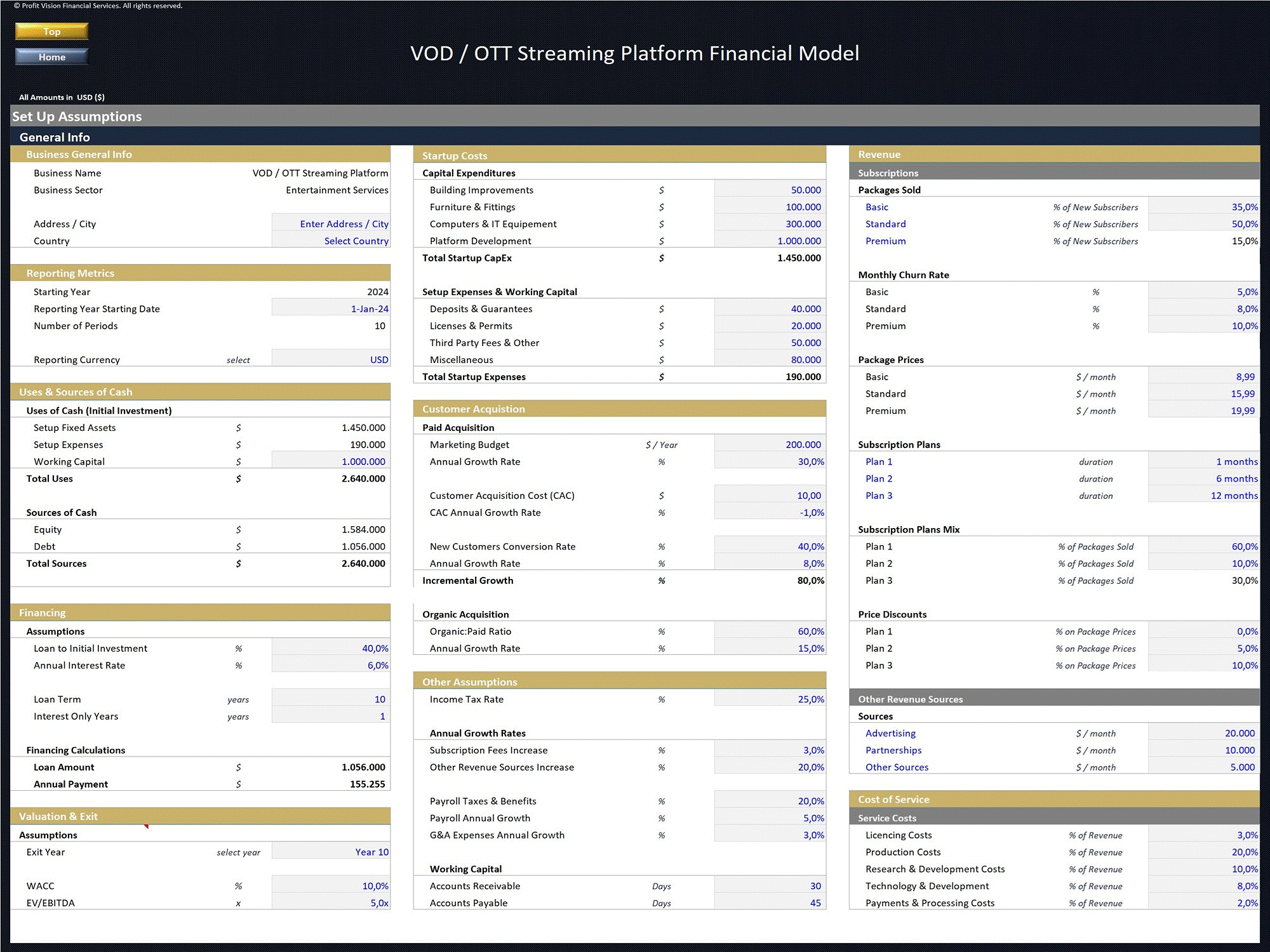 VOD/OTT Streaming Platform - 10 Year Financial Model (Excel template (XLSX)) Preview Image