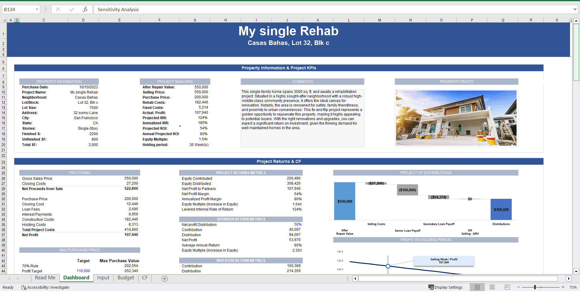 Real Estate - Fix and Flip Pro-forma Model (Excel template (XLSX)) Preview Image