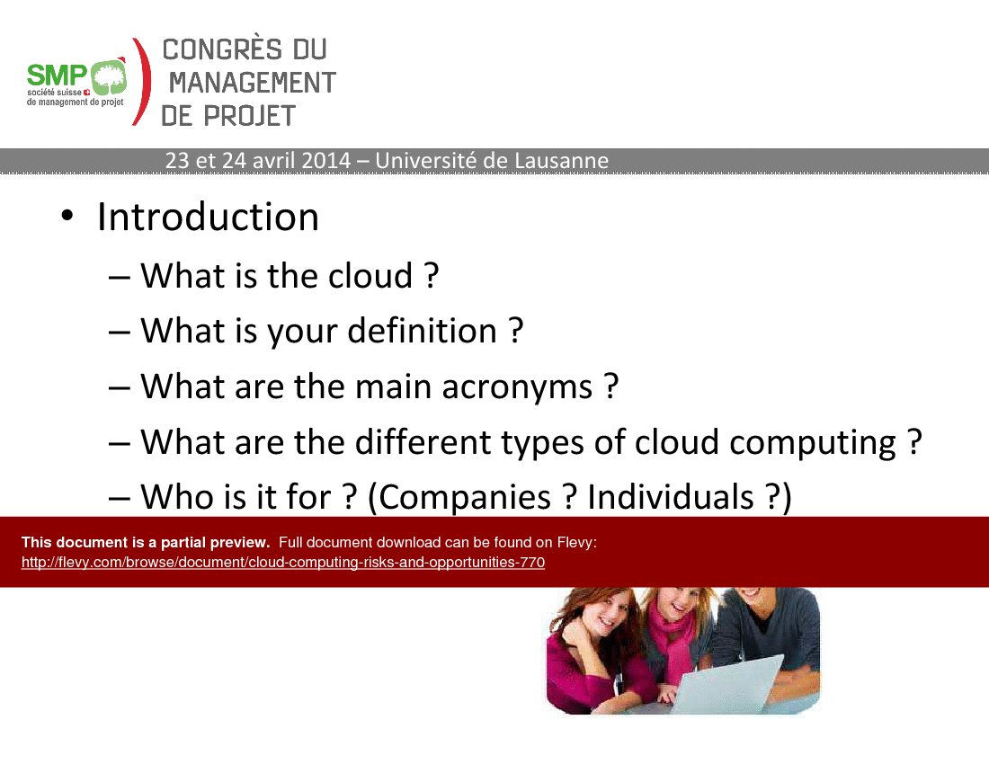 This is a partial preview of Cloud Computing - Risks and Opportunities (15-slide PowerPoint presentation (PPT)). Full document is 15 slides. 