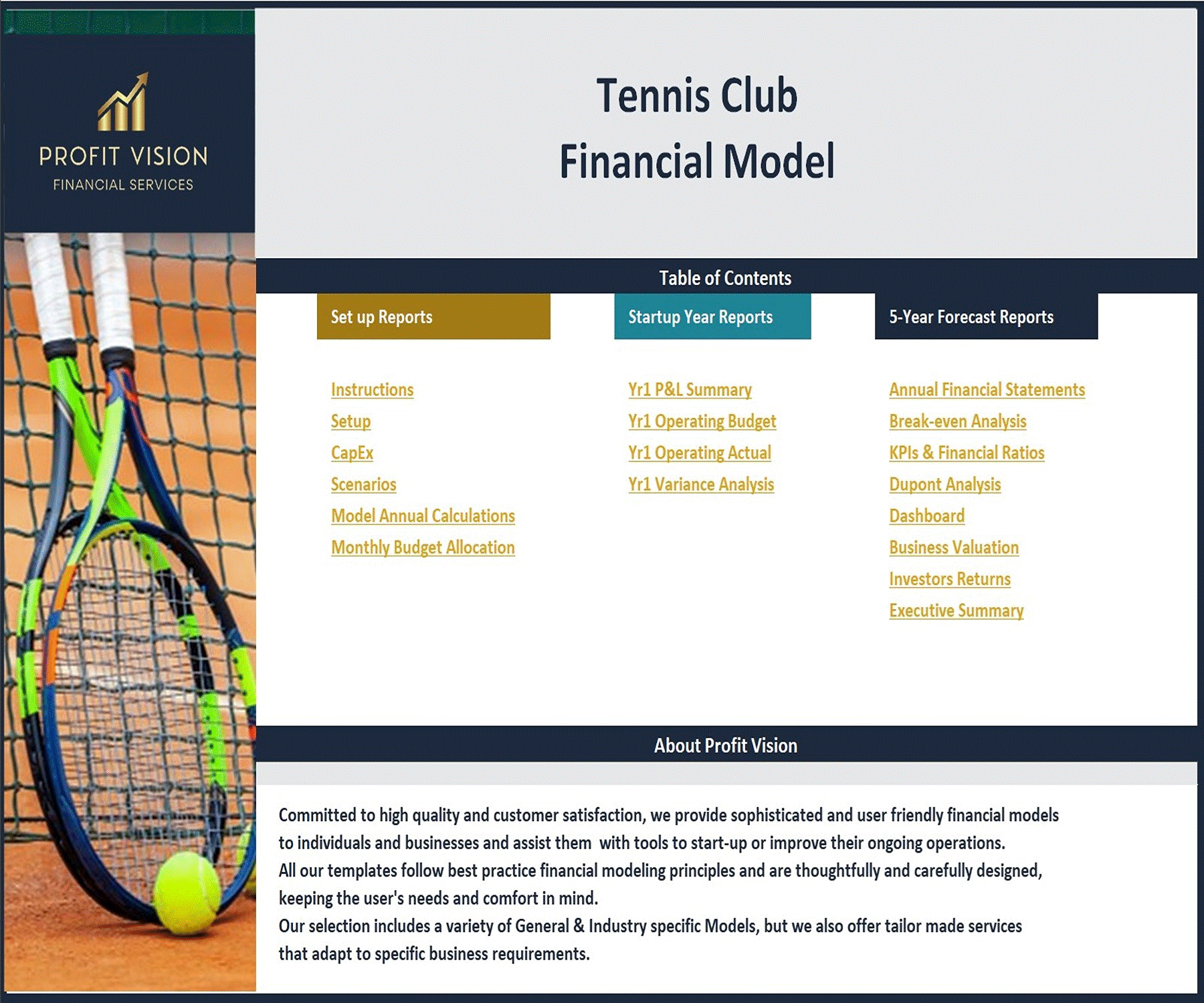 Tennis Club Financial Model – 5 Year Forecast (Excel template (XLSX)) Preview Image