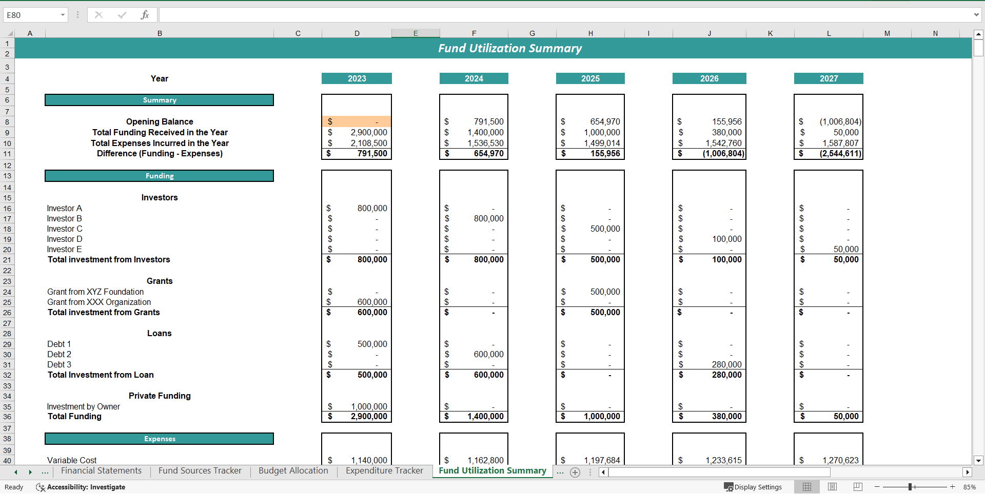 Utilization of Funds Excel Template (Excel template (XLSX)) Preview Image