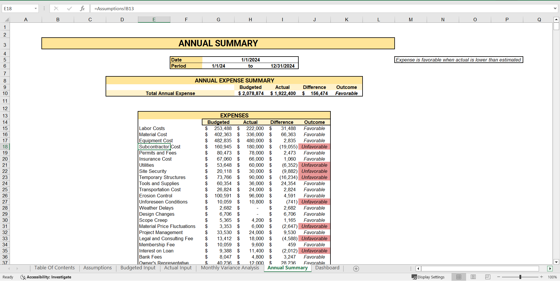 Construction Cost Tracking Spreadsheet (Excel template (XLSX)) Preview Image
