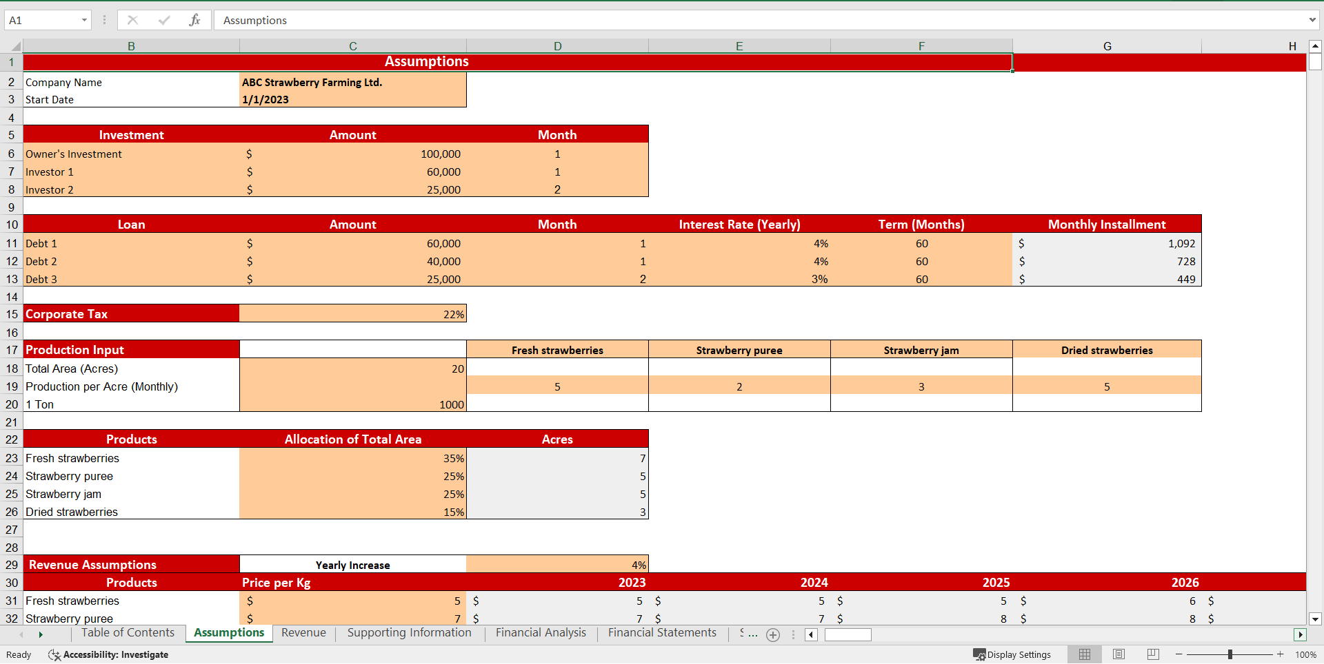 Strawberry Farming Excel Financial Model Projection Template (Excel template (XLSX)) Preview Image
